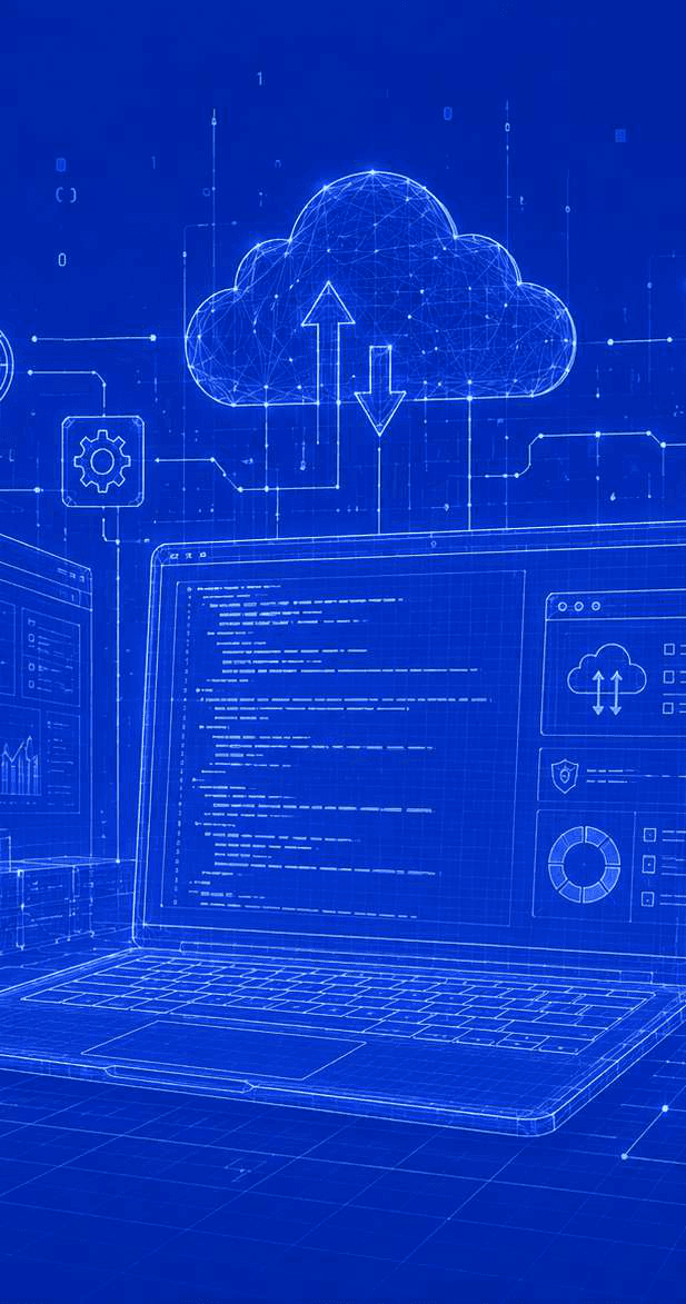 Wireframe cloud and laptop illustration in blue