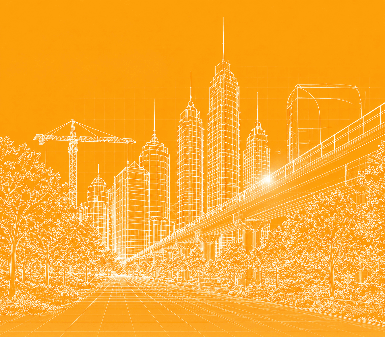 Wireframe skyline, greenery trees and bridge illustration in orange